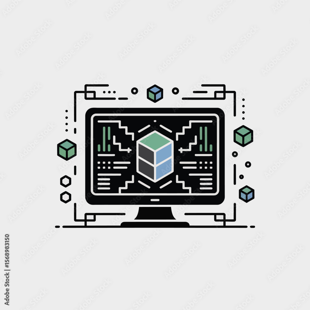 Poster minimalist vector illustration of a computer monitor displaying a three dimensional cube composed of