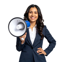 A confident woman holding a megaphone, ready to make an announcement. She wears a suit and radiates a cheerful smile