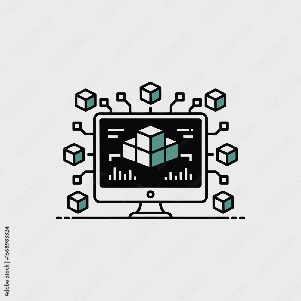 Fototapete Minimalist Vector Illustration of a Computer Screen Displaying a 3 D Cube Composed of Smaller Cubes Connected by Circuit Lines Surrounded by Additional Cubes Indicating Data Processing or