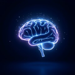 A glowing digital brain, floating on a dark background, futuristic, blue and purple tones, high contrast
