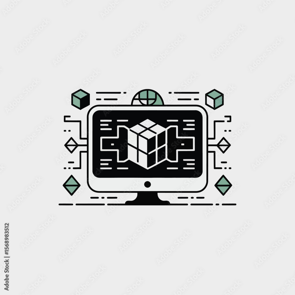 Poster minimalist vector illustration of a computer screen displaying a 3 d cube connected to network nodes