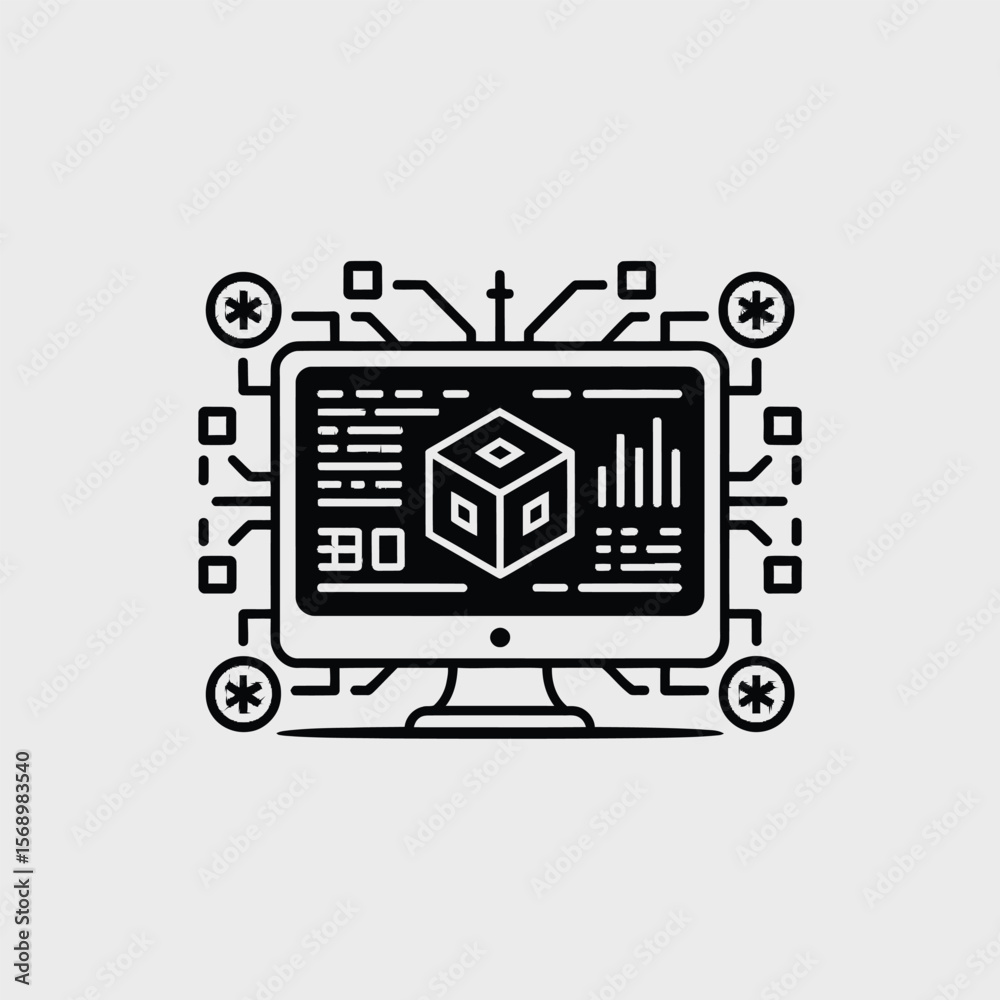 Poster minimalist vector illustration of a computer screen displaying a 3 d cube model with data visualizat