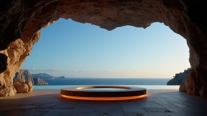 Fototapeta premium Cave opening reveals a glowing ring by the sea
