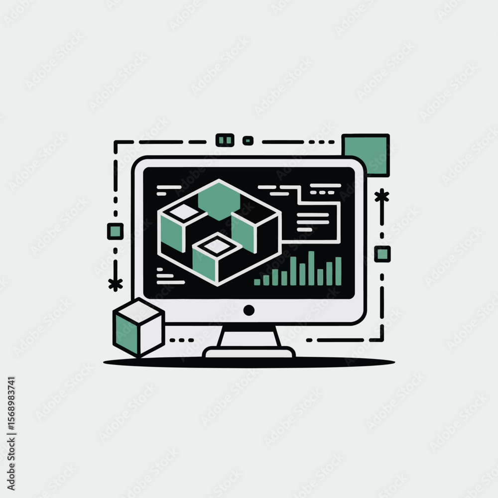 Poster minimalist vector illustration of a desktop computer displaying a 3 d model composed of interconnect
