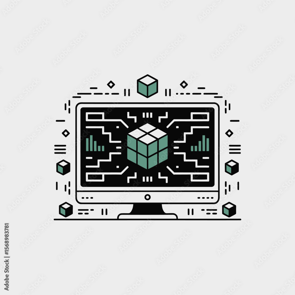 Poster minimalist vector illustration of a desktop computer screen displaying a teal and white three dimens