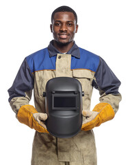 A skilled welder holding his protective helmet, radiating confidence and expertise in his profession.
