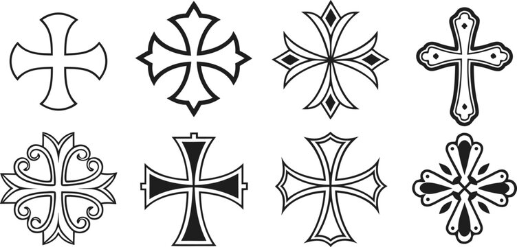 Collection of Eight Different Decorative Crosses in Black and White Style.
