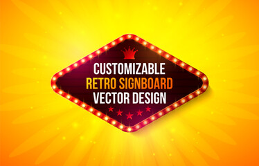 Retro Signboard Lightbox Banner Design with Glowing Light Bulb Frame Billboard on Shiny Yellow Background. Vector Customizable Marquee Sign Illustration for Casino Advertising, Theater Show, Broadway