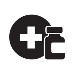 Fototapeta premium Pharmacy icon with medical cross and medicine bottle represents prescription drug service for healthcare treatment and pharmaceutical products supply vector solid glyph