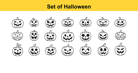 Collection of Halloween Pumpkin Jack o Lanterns with Various Carved Faces Outlined in Black