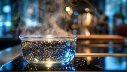Clear glass bowl of boiling water with steam rising on a modern stovetop