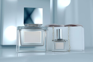 Perfume Bottle Product Still Life with Gift and Clean Background. Mock up promotion information for marketing announcements and details, blank white space