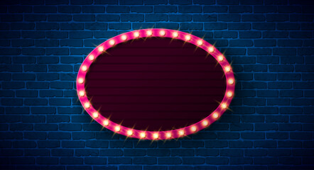 Retro Signboard Lightbox Banner Design with Glowing Light Bulb Frame Billboard on Vintage Brick Wall Background. Vector Customizable Marquee Sign Illustration for Casino Advertising, Theater Show