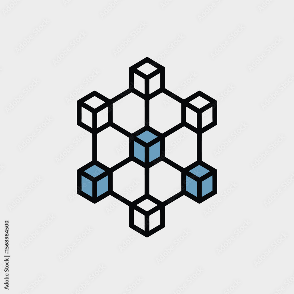 Poster minimalistic icon style graphic depicting a network of interconnected cubes in a hexagonal pattern f