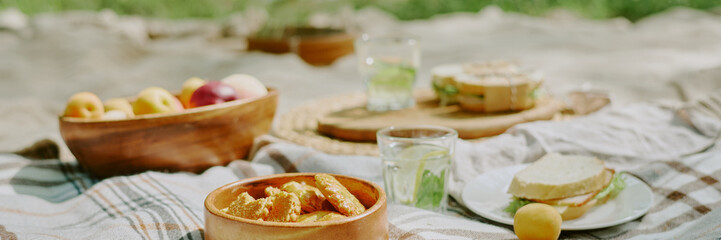 Picnic scene showing assortment of fresh fruit, sandwiches, and drinks on blanket outdoors in park, food arranged for family gathering, sunlight illuminating healthy meal, no people visible