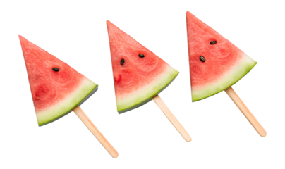 Refreshing watermelon triangles on sticks isolated on transparent background