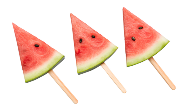 Refreshing watermelon triangles on sticks isolated on transparent background