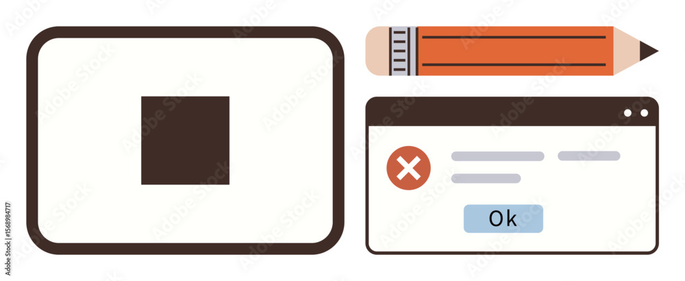 Poster error popup with red cross, ok button, square symbol, and pencil. ideal for user interface, error ha