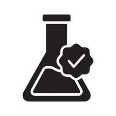 Lab tested quality flask icon with certified checkmark symbol for chemical safety approval and scientific experiment validation research result vector solid glyph