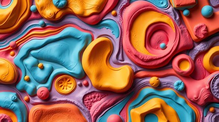 Whimsical clay forms creating an imaginative and bright surface design