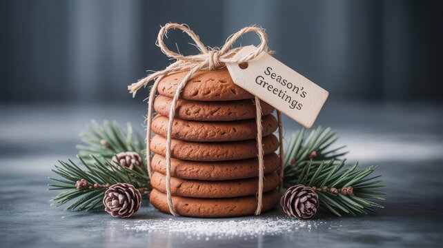 Stack of christmas cookies tied with twine and a season s greetings tag surrounded by pine branches and pinecones