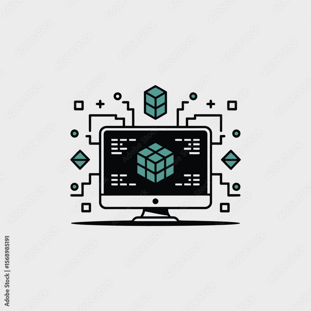 Poster teal 3 d cube icon displayed on black computer screen minimalist line art graphic design element fea