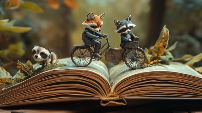 A Whimsical Adventure: Fox and Raccoon on a Bicycle atop a Book