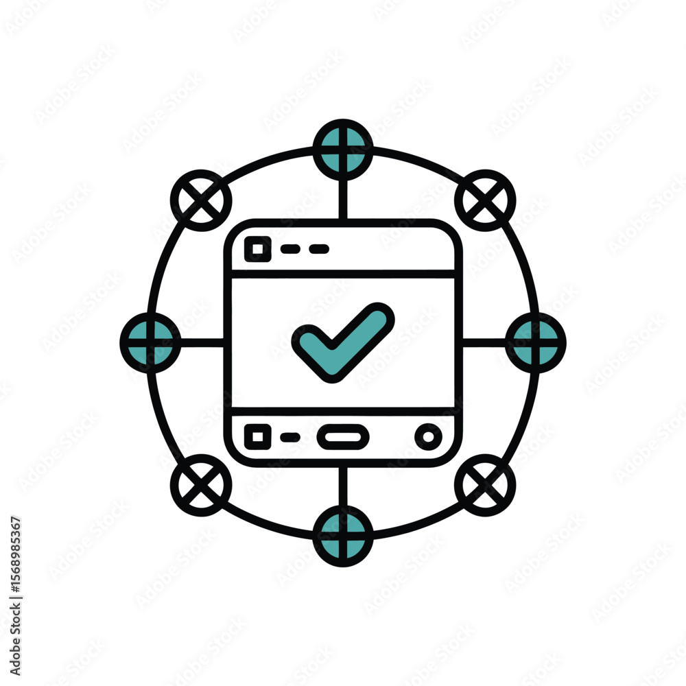 Poster teal and blue smartphone icon connected to a circular network of nodes illustrating data synchroniza