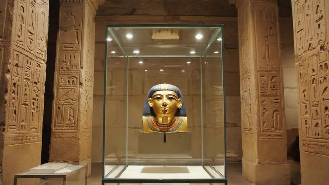 Explore the beauty of ancient Egypt with a magnificent sarcophagus displayed in a historic temple hall with intricate carvings