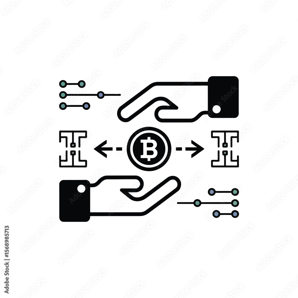 Poster two black hands cupping a central black bitcoin symbol with teal and gray nodes and lines extending 