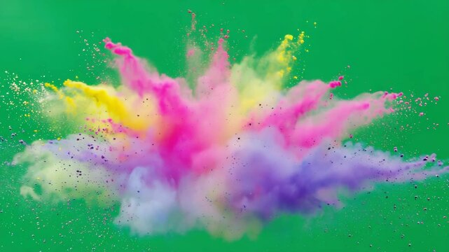 Colorful powder burst exploding in radial direction on green screen (#00FF00), Holi-style effect, 4K, isolated on white background