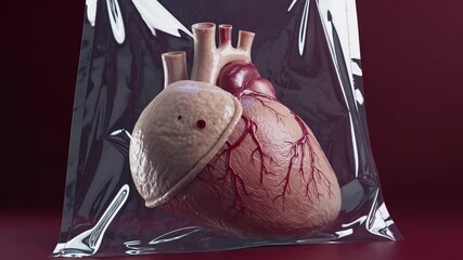 Realistic anatomical heart model with electrode sealed in plastic bag suggesting organ donation, healthcare and medical research on dark background