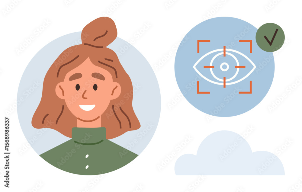 Poster female character portrait paired with an eye recognition interface and authentication checkmark. ide