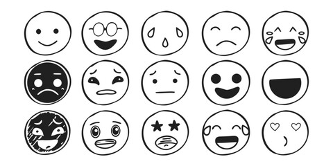 Collection of forty expressive black and white emoji icons for diverse moods and emotions