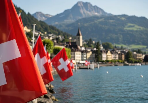 Swiss flags lining a calm lake promenade with distant snow-capped mountains and a picturesque town, representing national pride. Swiss National Day background for greeting card or banner.	
 - Powered by Adobe