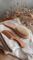 Natural wooden hairbrush and comb resting on soft linen fabric with dried flowers in background perfect for eco-friendly beauty branding, spa visuals and organic lifestyle promotions