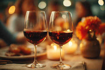 Naklejka premium Intimate dinner gathering with red wine cozy restaurant setting table decor warm lighting romantic atmosphere