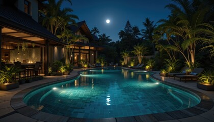 Tropical resort swimming pool at night with palm trees and reflections in the water
