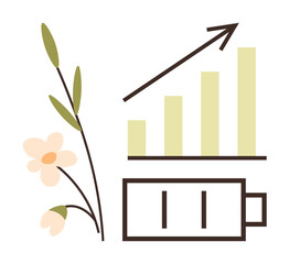 Plant branch, bar graph with upward arrow, and battery to symbolize growth, sustainability, green energy, renewable power, business development, eco-conscious solutions, and balanced resource usage