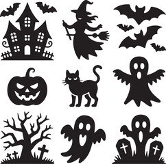 Spooky Halloween Silhouettes Witches, Ghosts, Bats, Pumpkins, and More