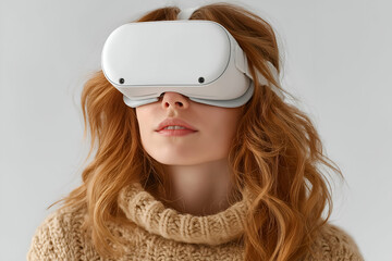 Woman Wearing Virtual Reality Headset Exploring Digital World Experience. Mock up promotion information for marketing announcements and details, blank white space