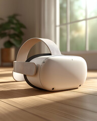 Virtual Reality Headset Resting on Wooden Floor with Natural Light. Mock up promotion information for marketing announcements and details, blank white space