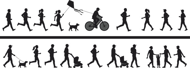Silhouette people activity scene, family walking running cycling outdoor recreation, cad drawing flat vector illustration, healthy lifestyle sketch bundle