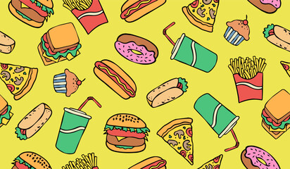 Cute fast food pattern background vector design