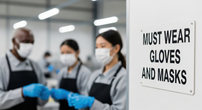 Employees in protective masks and gloves working in clean industrial facility, complying with health and safety regulations
