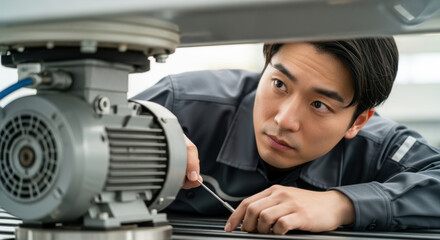 Focused technician carefully inspecting industrial machine component with precision tools in a modern manufacturing facility