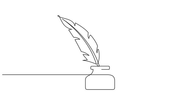Self drawing line animation Retro inkwell and feather continuous one single line drawn concept, Inkwell and pen continuous line drawing. One line feather with ink vector illustration 4k video.