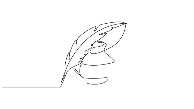 Self drawing line animation Retro inkwell and feather continuous one single line drawn concept, Inkwell and pen continuous line drawing. One line feather with ink vector illustration 4k video.
