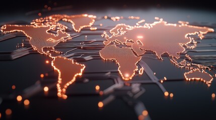 Technology and Data Visualization World map overlaid with data streams and circuits, dark background, representing global technology infrastructure