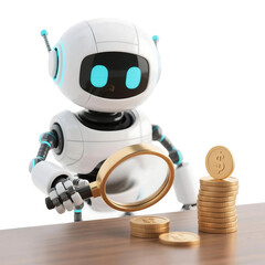 Naklejka premium A cute AI robot character performing various business and finance activities, GPT chatbot icon. Artificial intelligence, trendy technology, support service, funny automation computer